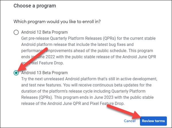 Choose the Android 13 program.