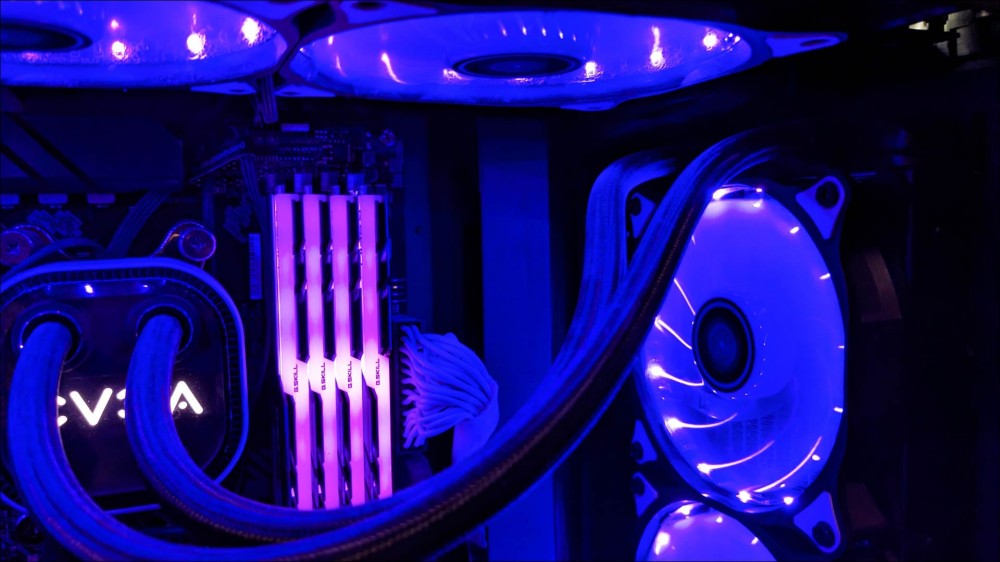 Fans and Four G Skill 8GB DDR4 RAM inside a computer tower